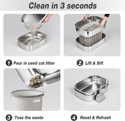 Triple Pan Stainless Steel Sifting Cat Litter Box, Large High Sided Metal Litter Box for Big Cats up to 20lbs, Odor-Free Non-Stick Easy Clean System, No Scooping Sifter Tray for Multi-Cat Homes in Kuwait