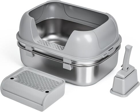 Triple Pan Stainless Steel Sifting Cat Litter Box, Large High Sided Metal Litter Box for Big Cats up to 20lbs, Odor-Free Non-Stick Easy Clean System, No Scooping Sifter Tray for Multi-Cat Homes in Kuwait
