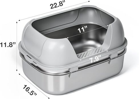 Triple Pan Stainless Steel Sifting Cat Litter Box, Large High Sided Metal Litter Box for Big Cats up to 20lbs, Odor-Free Non-Stick Easy Clean System, No Scooping Sifter Tray for Multi-Cat Homes in Kuwait