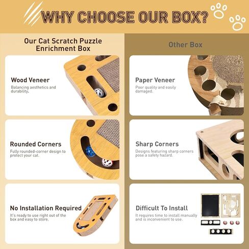 OHMU Cat Scratch Puzzle Enrichment Box, Cat Nail File Enrichment Box, Wooden Cat Puzzle Toy with Jingle Balls, Wands, Cleaning Brush for Indoor Cats in Kuwait