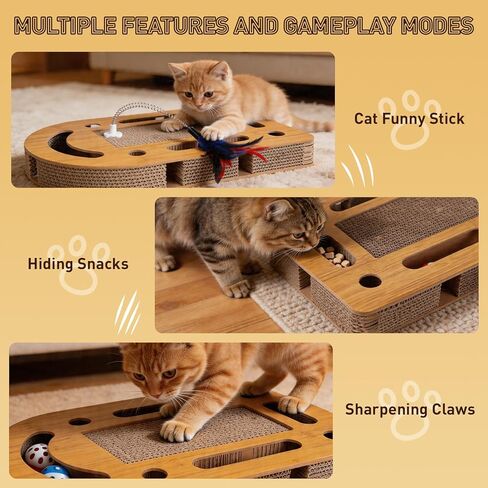 OHMU Cat Scratch Puzzle Enrichment Box, Cat Nail File Enrichment Box, Wooden Cat Puzzle Toy with Jingle Balls, Wands, Cleaning Brush for Indoor Cats in Kuwait