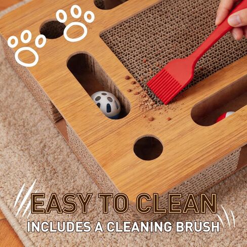 OHMU Cat Scratch Puzzle Enrichment Box, Cat Nail File Enrichment Box, Wooden Cat Puzzle Toy with Jingle Balls, Wands, Cleaning Brush for Indoor Cats in Kuwait