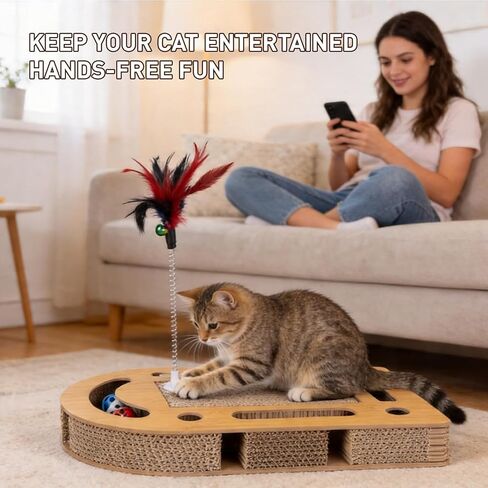 OHMU Cat Scratch Puzzle Enrichment Box, Cat Nail File Enrichment Box, Wooden Cat Puzzle Toy with Jingle Balls, Wands, Cleaning Brush for Indoor Cats in Kuwait