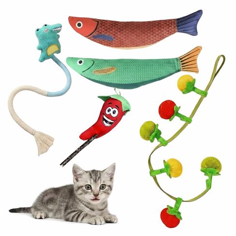 5 Pcs Ultimate Cat Toys Set with Natural Catnip Toys & Silvervine, 2 Plush Fish, Chili Chew, Silent Dino Rope & Hanging Tomato, Relieves Anxiety, Teething Aid, Quiet Play for Indoor Cats in Kuwait