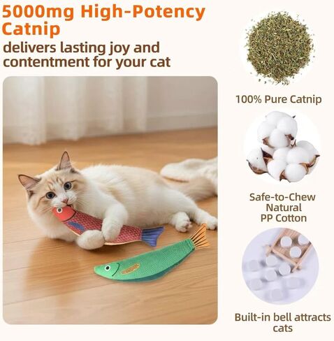 5 Pcs Ultimate Cat Toys Set with Natural Catnip Toys & Silvervine, 2 Plush Fish, Chili Chew, Silent Dino Rope & Hanging Tomato, Relieves Anxiety, Teething Aid, Quiet Play for Indoor Cats in Kuwait