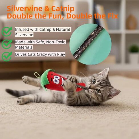 5 Pcs Ultimate Cat Toys Set with Natural Catnip Toys & Silvervine, 2 Plush Fish, Chili Chew, Silent Dino Rope & Hanging Tomato, Relieves Anxiety, Teething Aid, Quiet Play for Indoor Cats in Kuwait