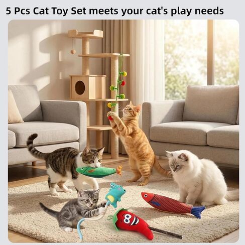 5 Pcs Ultimate Cat Toys Set with Natural Catnip Toys & Silvervine, 2 Plush Fish, Chili Chew, Silent Dino Rope & Hanging Tomato, Relieves Anxiety, Teething Aid, Quiet Play for Indoor Cats in Kuwait