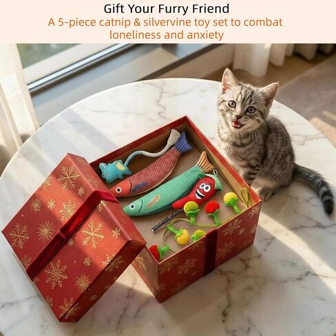 5 Pcs Ultimate Cat Toys Set with Natural Catnip Toys & Silvervine, 2 Plush Fish, Chili Chew, Silent Dino Rope & Hanging Tomato, Relieves Anxiety, Teething Aid, Quiet Play for Indoor Cats in Kuwait
