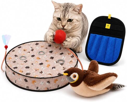 3-in-1 Cat Toys & Grooming Kit – Interactive Flappy Bird Toy, Automatic Rolling Ball & Pet Hair Remover Glove – Indoor Exercise, Boredom Relief & Shedding Control for Cats & Kittens in Kuwait