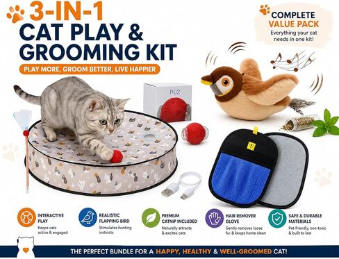 3-in-1 Cat Toys & Grooming Kit – Interactive Flappy Bird Toy, Automatic Rolling Ball & Pet Hair Remover Glove – Indoor Exercise, Boredom Relief & Shedding Control for Cats & Kittens in Kuwait