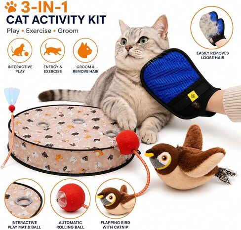 3-in-1 Cat Toys & Grooming Kit – Interactive Flappy Bird Toy, Automatic Rolling Ball & Pet Hair Remover Glove – Indoor Exercise, Boredom Relief & Shedding Control for Cats & Kittens in Kuwait