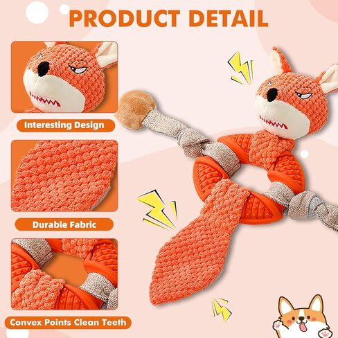 Wortade Fox Rope Dog Toys للمضغ العدواني، ألعاب قطيفة غير قابلة للتدمير لإبقائهم مشغولين، ألعاب الكلاب التفاعلية للسلالات الصغيرة والمتوسطة والكبيرة in Kuwait