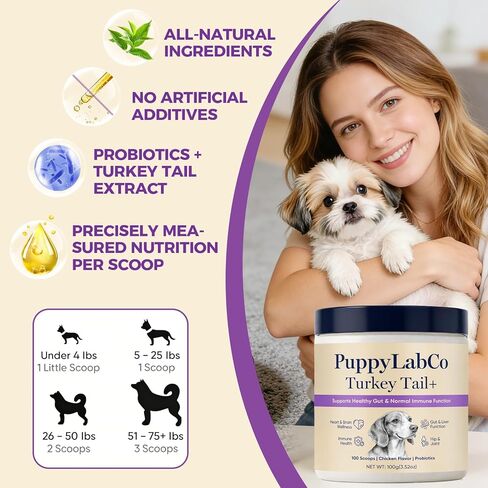 Puppy Lab Co ذيل الديك الرومي، فطر ذيل الديك الرومي من PuppyLabCo للكلاب، فطر ذيل الديك الرومي + مكمل مسحوق البروبيوتيك، نكهة الدجاج، دعم الأمعاء والمناعة، 100 جرام (1) in Kuwait