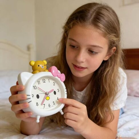 Cute Cat Alarm Clock, Kawaii Alarm Clock，Cartoon Cat Clock，Cute Clock，White with Pink Bow, Yellow Bear Topper, Kids Room Decor (White with Little Bear) in Saudi Arabia