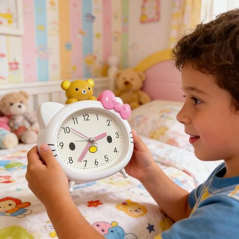Cute Cat Alarm Clock, Kawaii Alarm Clock，Cartoon Cat Clock，Cute Clock，White with Pink Bow, Yellow Bear Topper, Kids Room Decor (White with Little Bear) in Saudi Arabia