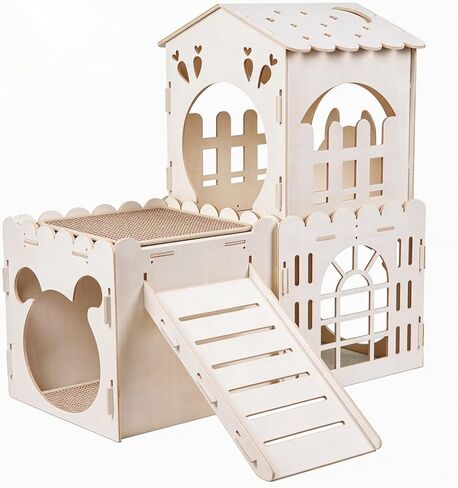 Large Rabbit House, Wooden Bunny Castle with 3 Houses Indoor, Rabbit Guinea Pig Cage Multistory Climbing Tower Sturdy Wooden Castle, Small Animal Hideaway Tunnel in Kuwait