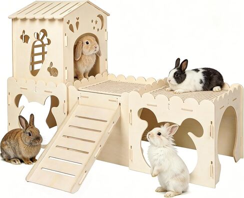 Large Rabbit House, Wooden Bunny Castle with 3 Houses Indoor, Rabbit Guinea Pig Cage Multistory Climbing Tower Sturdy Wooden Castle, Small Animal Hideaway Tunnel in Kuwait