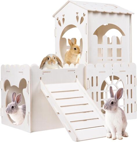 Large Rabbit House, Wooden Bunny Castle with 3 Houses Indoor, Rabbit Guinea Pig Cage Multistory Climbing Tower Sturdy Wooden Castle, Small Animal Hideaway Tunnel in Kuwait