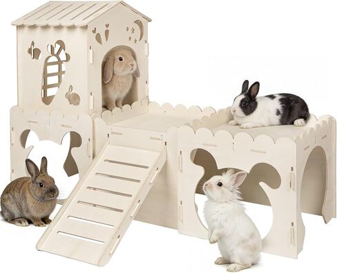 Large Rabbit House, Wooden Bunny Castle with 3 Houses Indoor, Rabbit Guinea Pig Cage Multistory Climbing Tower Sturdy Wooden Castle, Small Animal Hideaway Tunnel in Kuwait