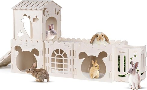 Large Rabbit House, Wooden Bunny Castle with 3 Houses Indoor, Rabbit Guinea Pig Cage Multistory Climbing Tower Sturdy Wooden Castle, Small Animal Hideaway Tunnel in Kuwait