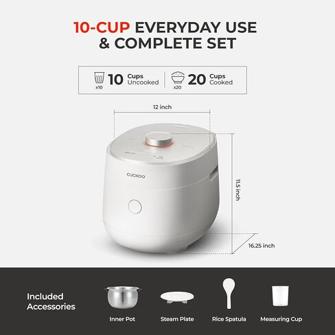 CUCKOO Twin Pressure Rice Cooker 10-Cup Uncooked / 20-Cup Cooked with Induction Heating Technology, Silent Pressure System, Open Cooking Mode, Dynamic Display, Eco Inner Pot, White (CRP-OHTR1009FW) in Kuwait