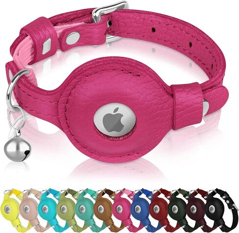 OOPSDOGGY Cat Collar for AirTag Holder, Leather Kitten Collars with Elastic Strap & Bell, Non Breakaway Adjustable Small Pet Collars for Indoor & Outdoor for Boy, Girl (Pink) in Kuwait