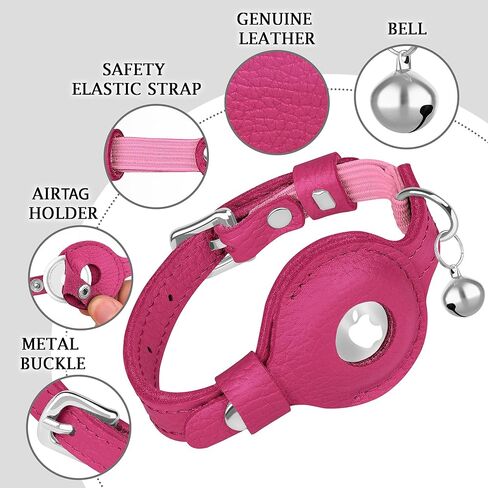 OOPSDOGGY Cat Collar for AirTag Holder, Leather Kitten Collars with Elastic Strap & Bell, Non Breakaway Adjustable Small Pet Collars for Indoor & Outdoor for Boy, Girl (Pink) in Kuwait