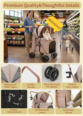 MILA&LOUIS Low-Profile Large Space Pet Stroller for Medium & Small Dogs, Suitable for Multi-Pet and Senior Dogs, 55lbs Max Load, 360° Swivel Front Wheels, One-Touch Foldable Design with Rear Brake in Kuwait