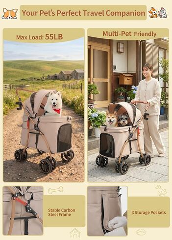 MILA&LOUIS Low-Profile Large Space Pet Stroller for Medium & Small Dogs, Suitable for Multi-Pet and Senior Dogs, 55lbs Max Load, 360° Swivel Front Wheels, One-Touch Foldable Design with Rear Brake in Kuwait