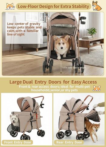 MILA&LOUIS Low-Profile Large Space Pet Stroller for Medium & Small Dogs, Suitable for Multi-Pet and Senior Dogs, 55lbs Max Load, 360° Swivel Front Wheels, One-Touch Foldable Design with Rear Brake in Kuwait