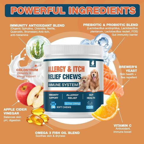 180 Chews Dog Allergy Chews, Itching Skin Relief, Natural Dog Allergy Relief Treatment for Paw Licking, Hot Spots, Anti-Itch, Dry Skin, Allergies & Immune Support Supplement in Kuwait