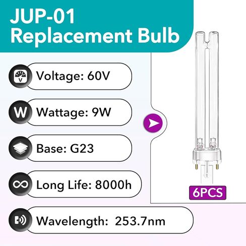 6 قطع من مصابيح تنقية حوض السمك JUP-01، لمبة إضاءة بديلة بقاعدة 9 وات G23 متوافقة مع ضوء UVE9 CF400 CF500 UVCP-9، للمياه النقية الكريستالية في خزانات الأسماك والسلاحف، والبرك الخارجية in Kuwait