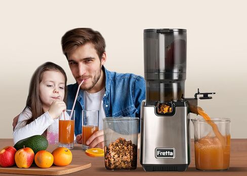 Fretta Cold Press Juicer Machines, Slow Masticating Juicer with 5.3'' Large Feed Chute for Whole Fruit and Vegetables, High Juice Yield, Easy to Clean Juice Extractor, Nut Milk Maker, BPA-Free,250W in Kuwait