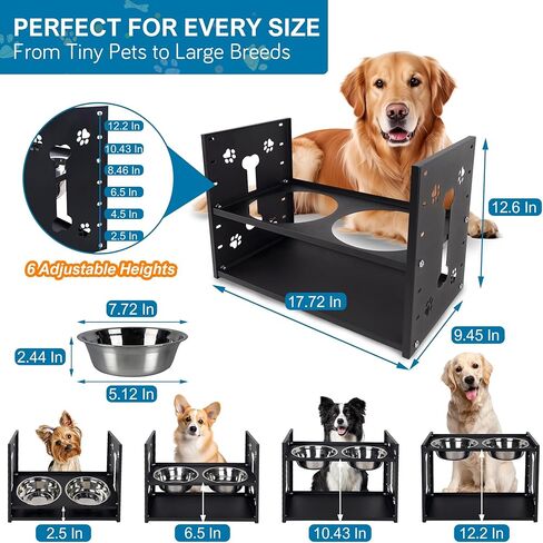 FORUP All-Metal Elevated Dog Bowls, Heavy Duty Cold-Rolled Steel Frame, 6-Height Adjustable Raised Feeder Stand with 2 Stainless Steel Bowls, Anti-Slip Rubber Feet for All Breeds (2.5"-12.2") in Kuwait