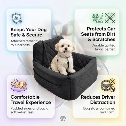 Small Dog Car Seat & Medium Dogs, Booster Seat with Detachable Washable Cover, Secure Buckles & Straps, Includes 4 Poo Bag Rolls, Soft Cotton & Durable Polyester in Kuwait