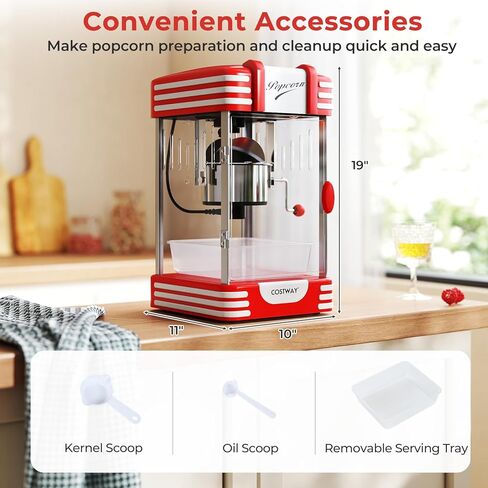 COSTWAY Popcorn Machine, Theater Style Countertop Popcorn Maker with Stainless Steel Kettle, Halogen Light, Kernel & Oil Scoops, Removable Serving Tray for Home Party, Movie Night, ETL Certified in Kuwait