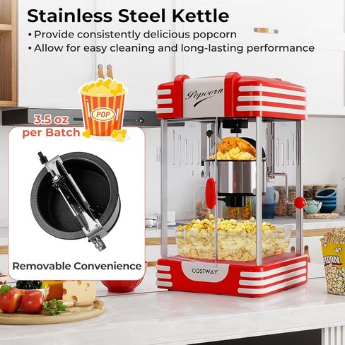 COSTWAY Popcorn Machine, Theater Style Countertop Popcorn Maker with Stainless Steel Kettle, Halogen Light, Kernel & Oil Scoops, Removable Serving Tray for Home Party, Movie Night, ETL Certified in Kuwait