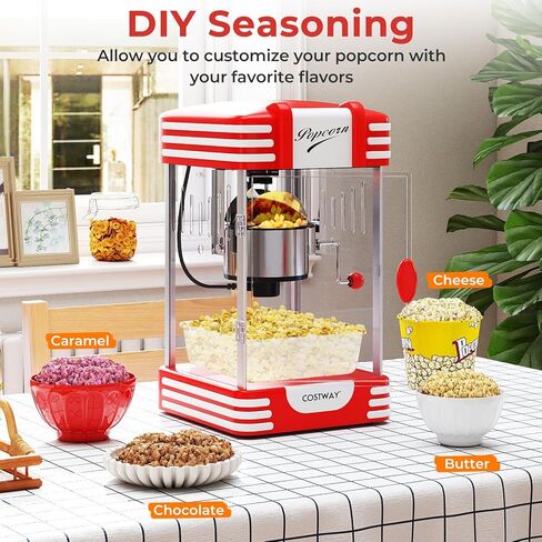 COSTWAY Popcorn Machine, Theater Style Countertop Popcorn Maker with Stainless Steel Kettle, Halogen Light, Kernel & Oil Scoops, Removable Serving Tray for Home Party, Movie Night, ETL Certified in Kuwait