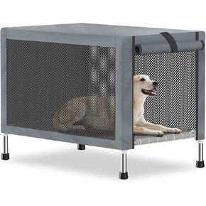 Small Stainless Steel Elevated Dog Crate with Cover, 2-in-1 Indoor & Outdoor Raised Pet House, Rust-Proof Dog Kennel with Silicone Anti-Slip Feet, Tool-Free Assembly in Saudi Arabia