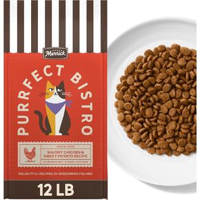 Merrick Purrfect Bistro وصفة الدجاج والبطاطا الحلوة الخالية من الحبوب، طعام القطط الجاف الطبيعي للقطط البالغة، عالي البروتين، طعام القطط الخارجي أو الداخلي - حقيبة 12 رطل in Kuwait