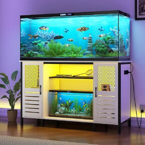BREEZEHEAT Fish Tank Stand with Power Outlet, LED Light, 1250lbs Capacity, Heavy Duty Metal 55-75 Gallon Aquarium Stand with Cabinet, Terrarium stand Suitable for Turtle & Reptile Tank, White in Saudi Arabia