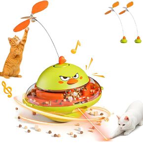 hooroor 4-in-1 Automatic Cat Toy Gift for Cat Owners, Interactive Laser & Feather Teaser with Bird Sounds, Treat Reward, Self-Balancing 360° Spinning Enrichment Exercise Toy for Bored Indoor Cats in Saudi Arabia