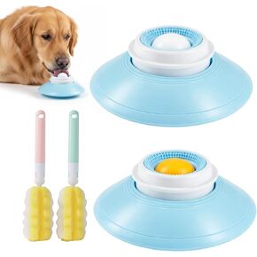 Dog Lick Ball, 4 Piece Set Slow Feeding Management for Fast-Eating Pets, Anxiety Relief Through Licking, Mental Stimulation Activities, with White and Yellow Spheres, Blue and Pink Brushes in Kuwait
