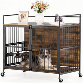 40'' Large Dog Crate Furniture, Heavy Duty Dog Kennel Furniture for Large and Medium Dogs, Indoor Wooden Dog Cage Furniture End Table with Wheels in Saudi Arabia