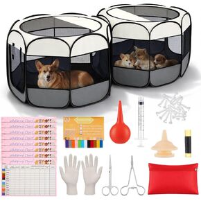 Arrowbash 2 Room Whelping Box for Dogs and Puppies, 63"x31"x24", 2-in-1 Pop up Puppy Birthing Kit, Portable Foldable, Detachable into 2 Playpens, Small Medium Dogs, Indoor Outdoor, Quick 1-min Setup in Saudi Arabia