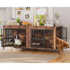 Grepatio 79" Double Dog Crate Furniture for 2 Dogs, Large Dog Kennel with 360° Rotating Feeder Bowls, Indoor Double Dogs Crates with 4 Doors, Wooden Dog Crate TV Stand with Removable Divider in Saudi Arabia