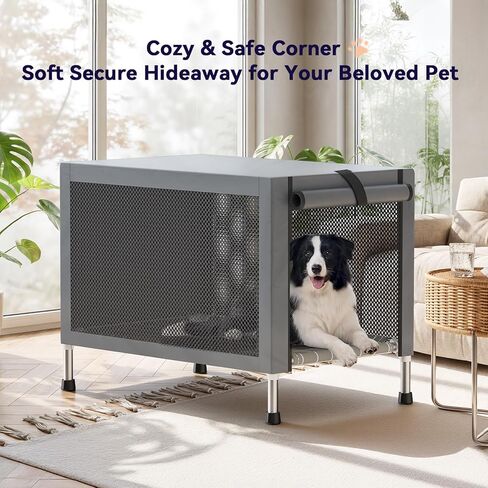 Small Stainless Steel Elevated Dog Crate with Cover, 2-in-1 Indoor & Outdoor Raised Pet House, Rust-Proof Dog Kennel with Silicone Anti-Slip Feet, Tool-Free Assembly in Kuwait