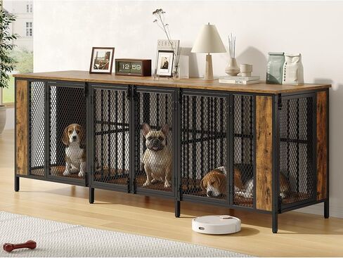 ONBRILL 87'' Heavy Duty Dog Crate Furniture, Indoor Dog Kennel TV Stand with 3 Room and 6 Lockable Door, Pet Crate Table with 2 Removable Divider and Adjustable Feet for Large Medium Dogs (Brown) in Kuwait