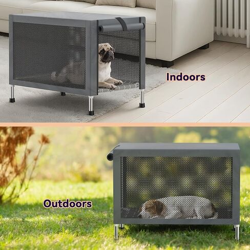 Small Stainless Steel Elevated Dog Crate with Cover, 2-in-1 Indoor & Outdoor Raised Pet House, Rust-Proof Dog Kennel with Silicone Anti-Slip Feet, Tool-Free Assembly in Kuwait