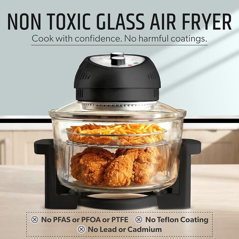 مقلاة هوائية زجاجية كبيرة سعة 16 لتر من جرانيتستون، غير سامة - طباخ هوائي بحجم عائلي مع 3 أقسام للطهي، رفوف من الفولاذ المقاوم للصدأ، بدون تسخين مسبق، تنظيف ذاتي، آمنة للاستخدام في غسالة الأطباق - أسود in Kuwait